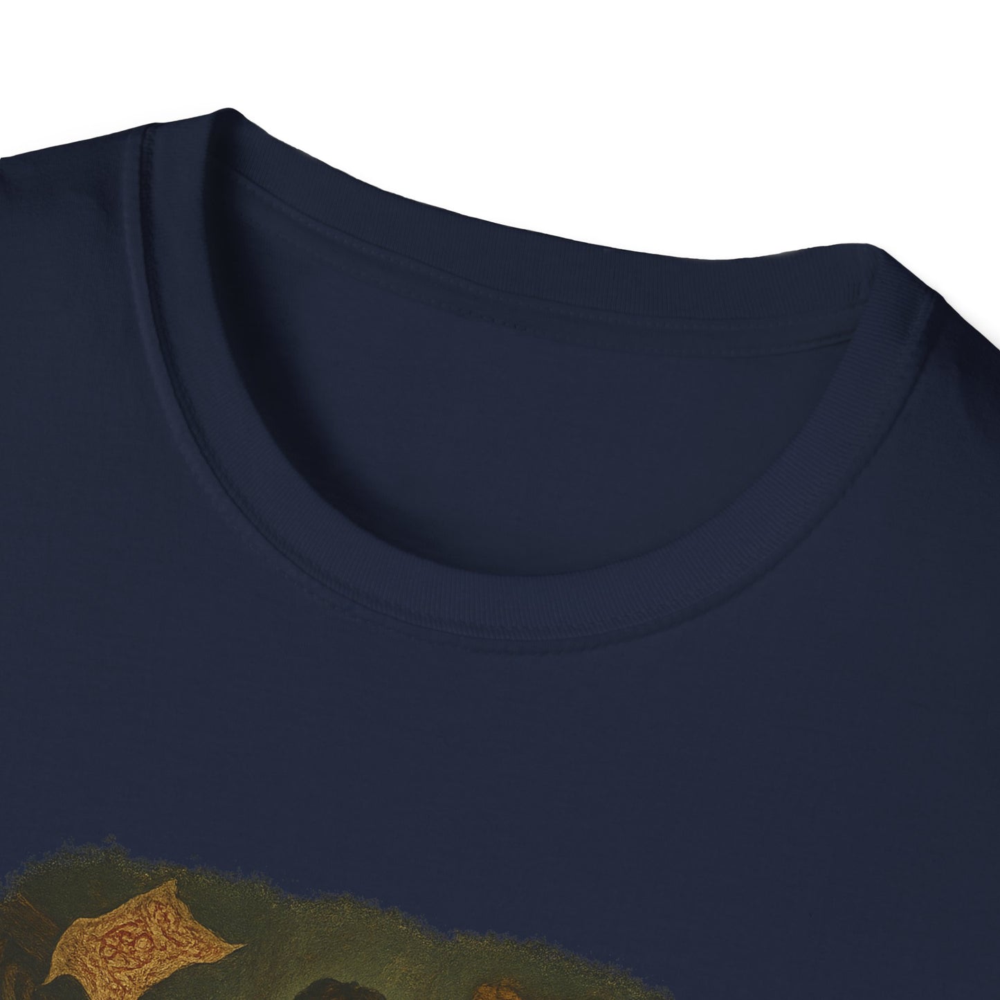 Close-up of navy blue Gothic Pride and Prejudice shirt neckline with printed design by Printify