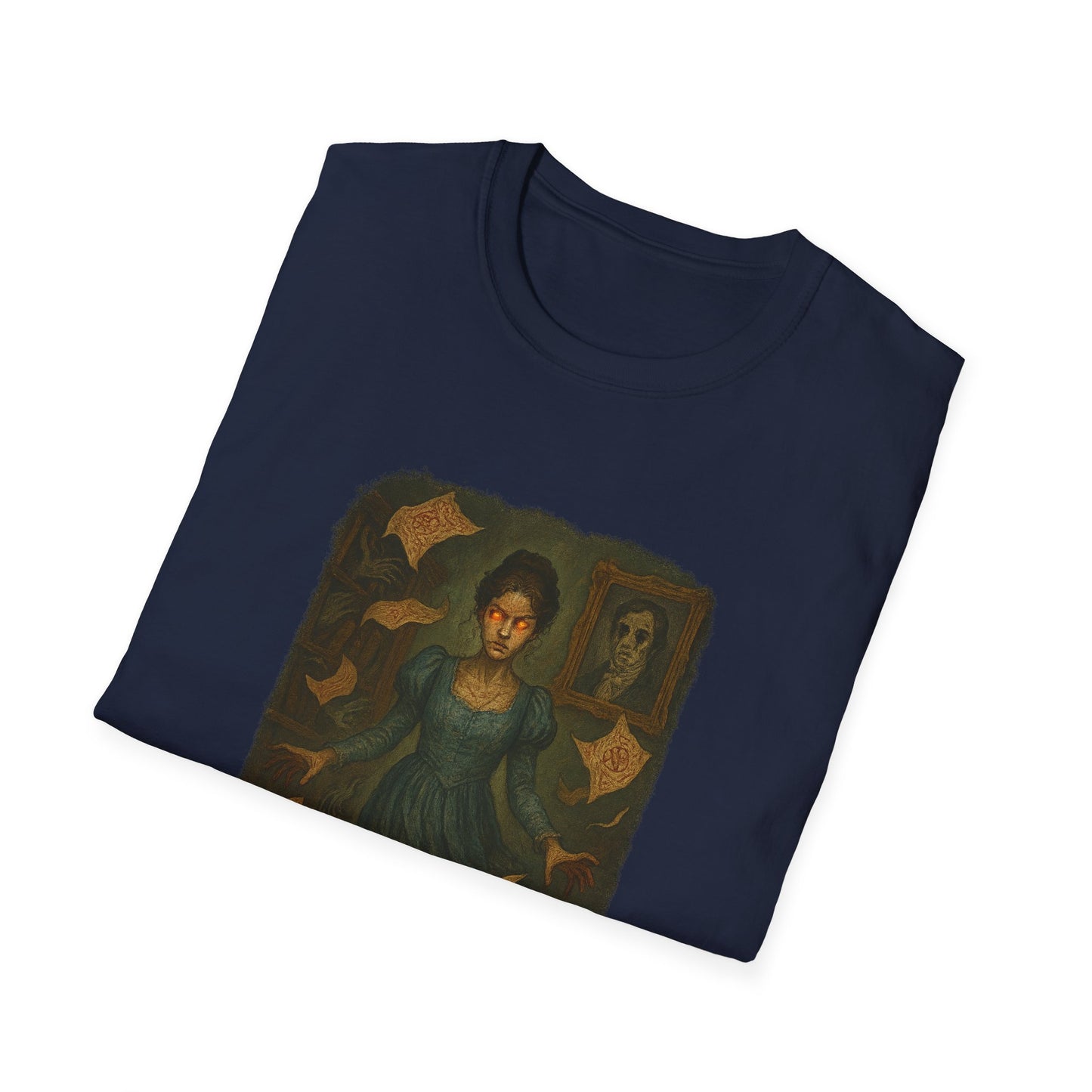 Printify Gothic Pride and Prejudice shirt with dark vintage artwork of a woman and floating letters