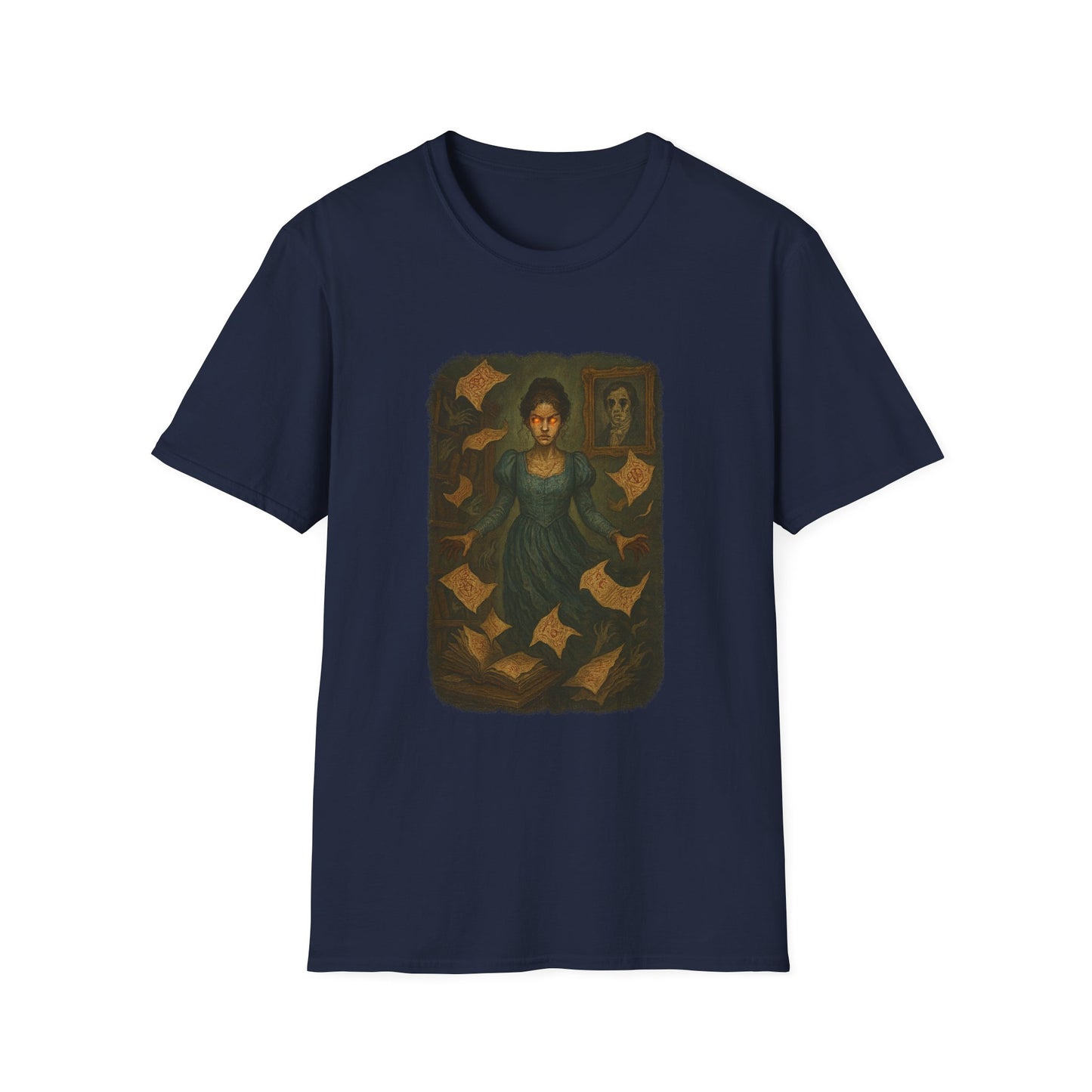 Navy Gothic Pride and Prejudice shirt featuring a dark artistic illustration of a woman with floating pages