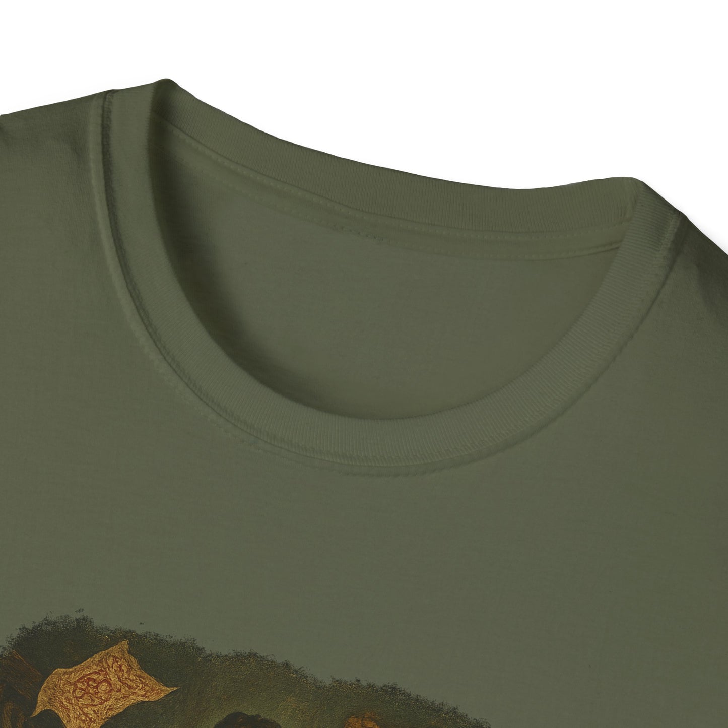 Olive green Printify T-shirt with Gothic Pride and Prejudice shirt design and round neckline