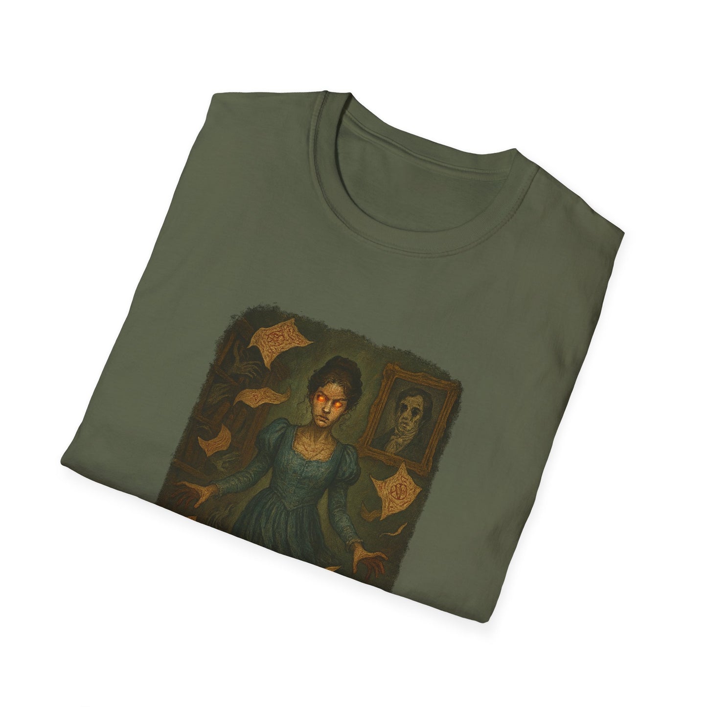 Printify Gothic Pride and Prejudice shirt with dark vintage artwork of a woman in a teal dress and floating letters