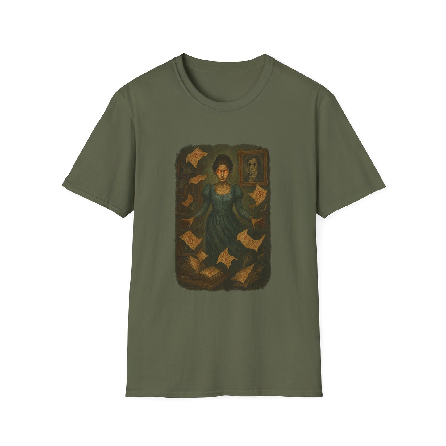 Olive green Gothic Pride and Prejudice shirt featuring a dark Victorian woman with flying pages graphic