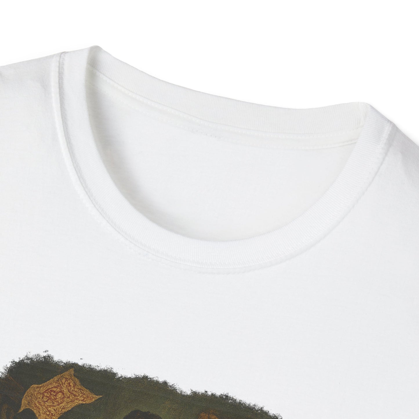 Close-up of white Gothic Pride and Prejudice shirt by Printify showing collar and partial design