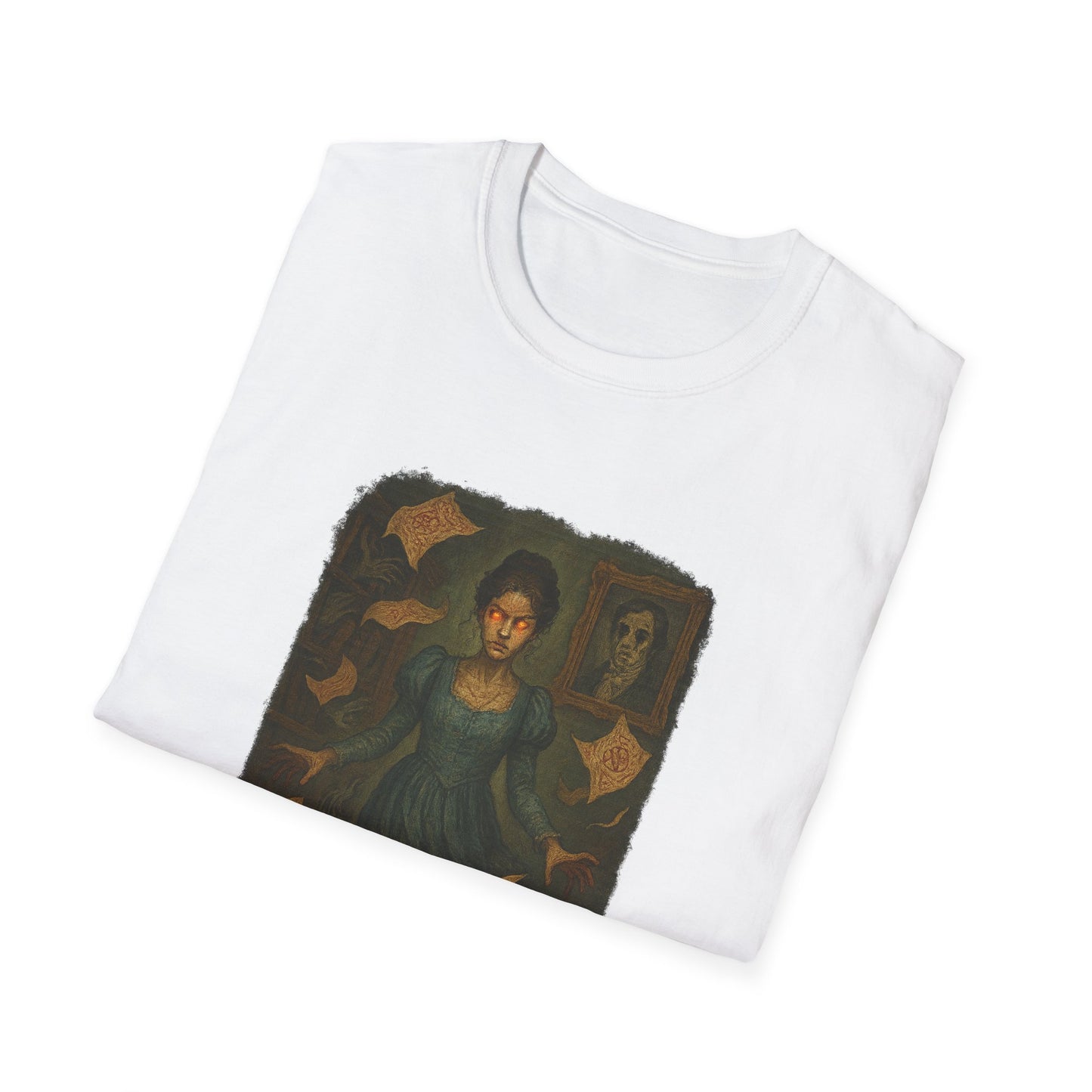 White Printify T-shirt with Gothic Pride and Prejudice shirt dark artistic design featuring a woman and vintage elements