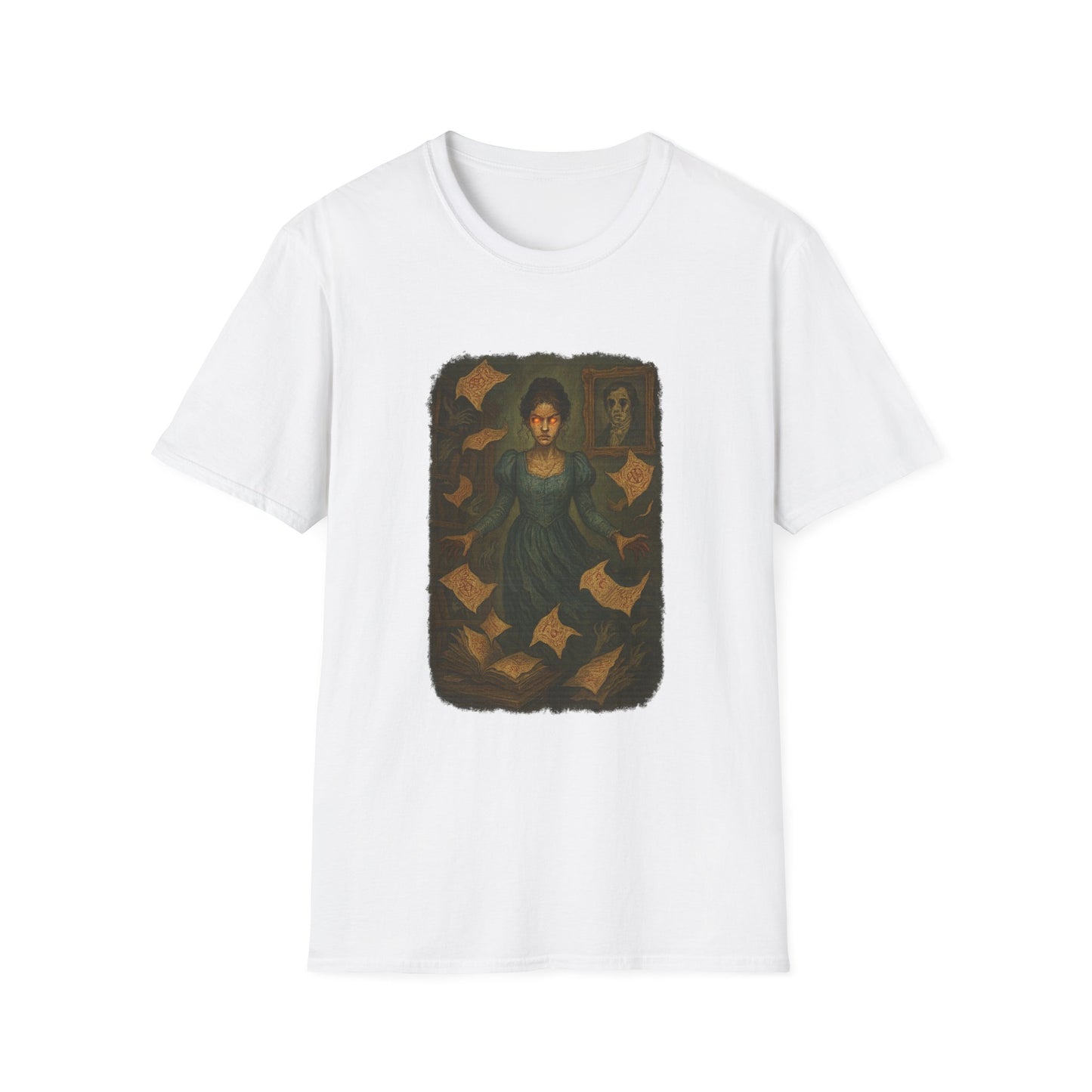 White Printify T-Shirt featuring a dark, gothic-style illustration of a woman surrounded by floating pages Gothic Pride and Prejudice shirt