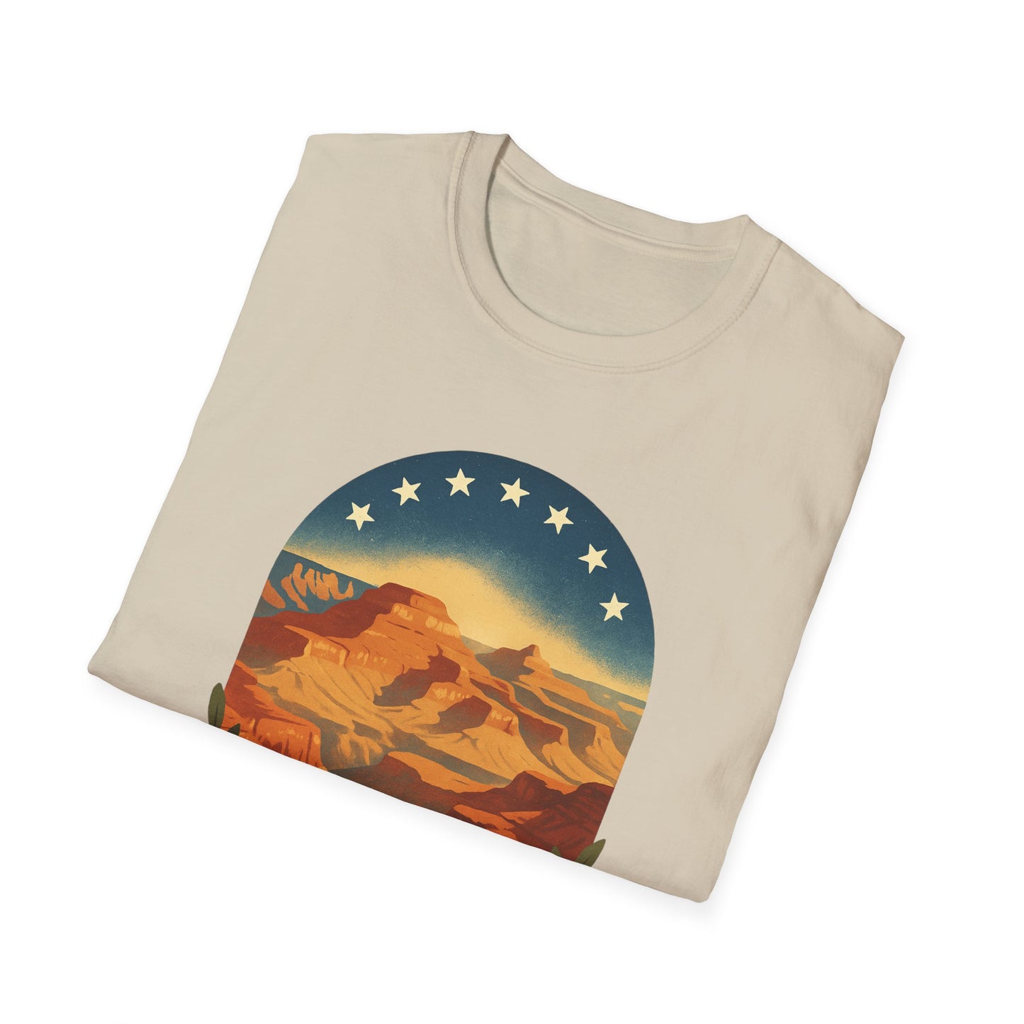 Printify beige T-shirt featuring a Grand Canyon patriotic shirt design with sunset and stars