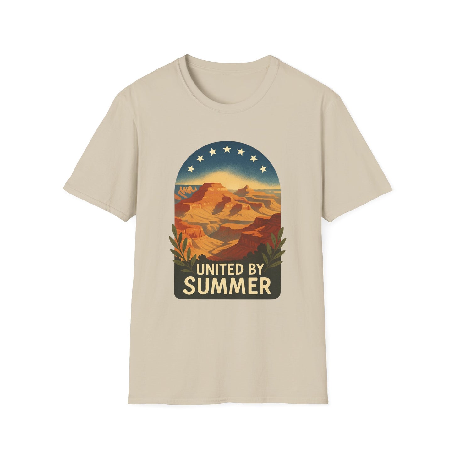 Printify beige t-shirt with Grand Canyon patriotic shirt design featuring sunset and United By Summer text