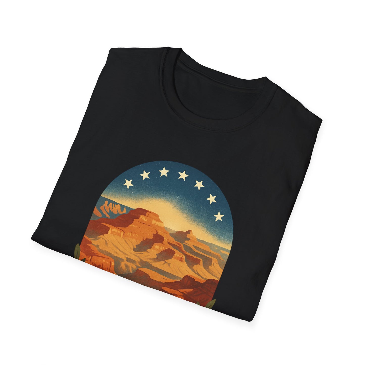 Black Printify T-shirt featuring a vintage Grand Canyon patriotic shirt design with stars and canyon landscape