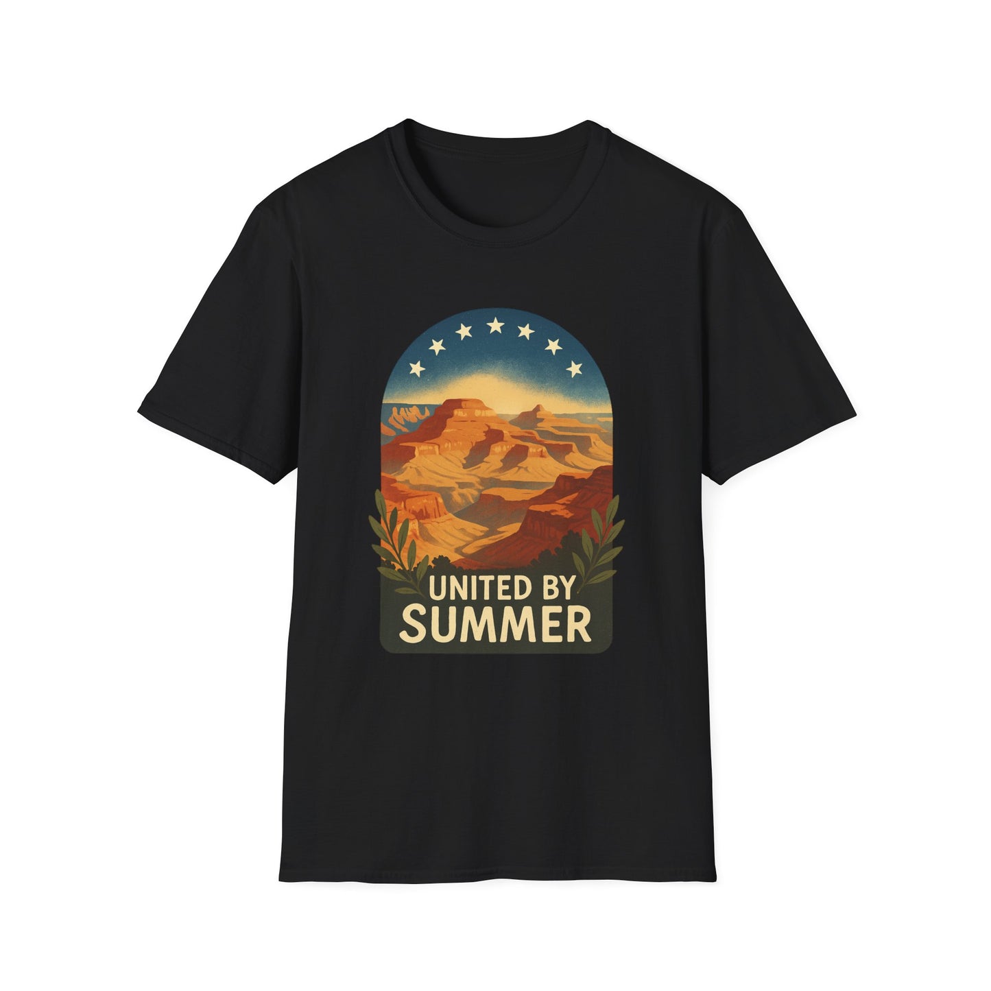Black Printify T-Shirt with Grand Canyon patriotic shirt design featuring stars and summer theme