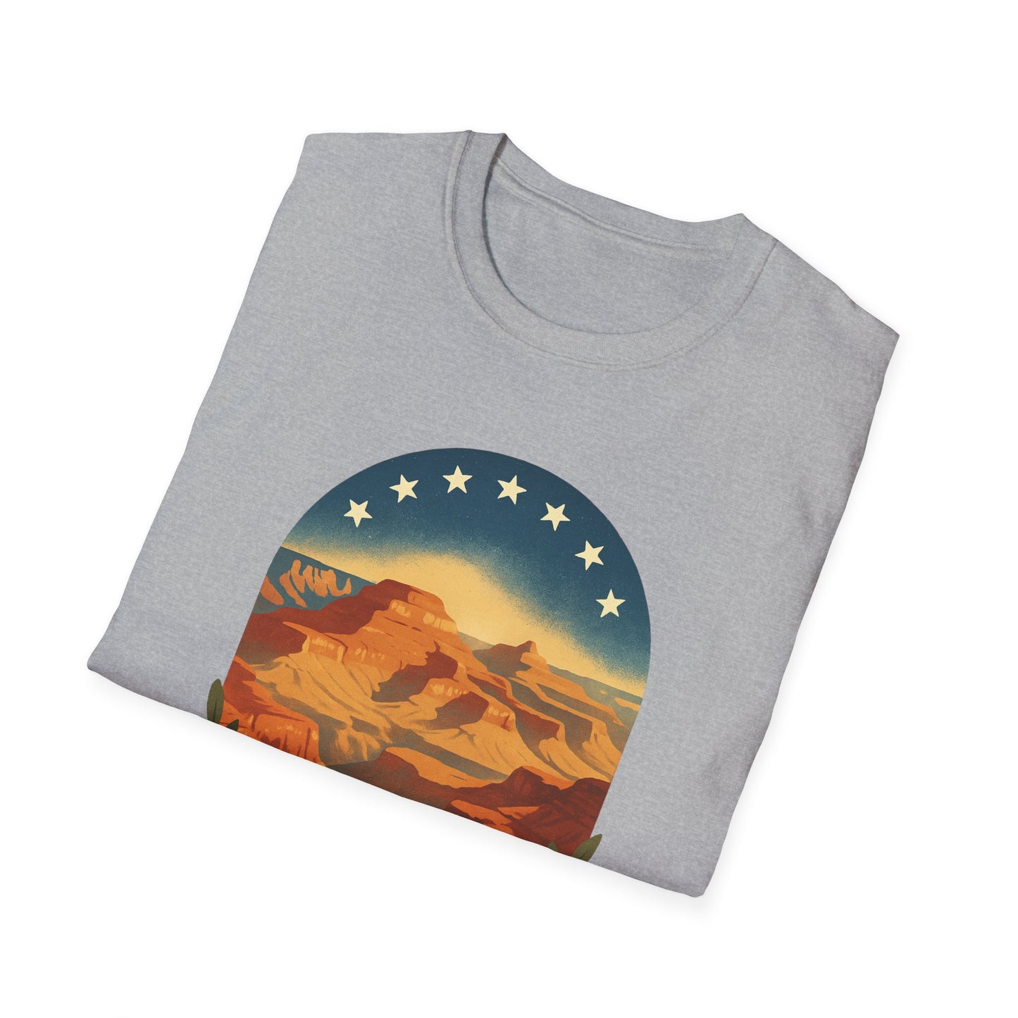 Gray Printify T-Shirt featuring a Grand Canyon patriotic shirt design with stars and sunset colors