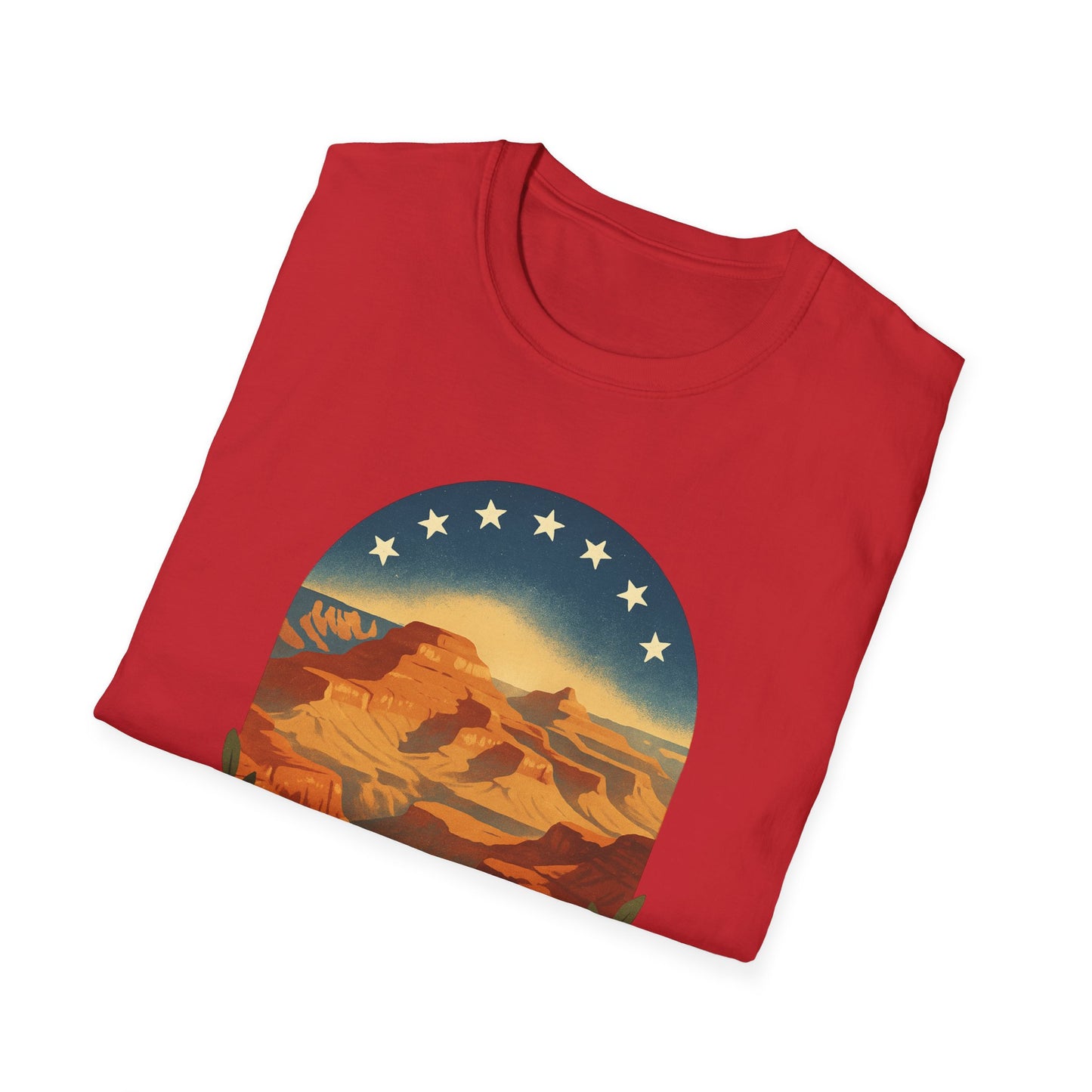 Red Printify Grand Canyon patriotic shirt featuring a vintage landscape and stars design