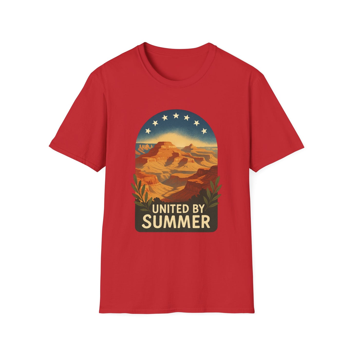 Red Printify t-shirt with Grand Canyon patriotic shirt design featuring summer landscape and stars