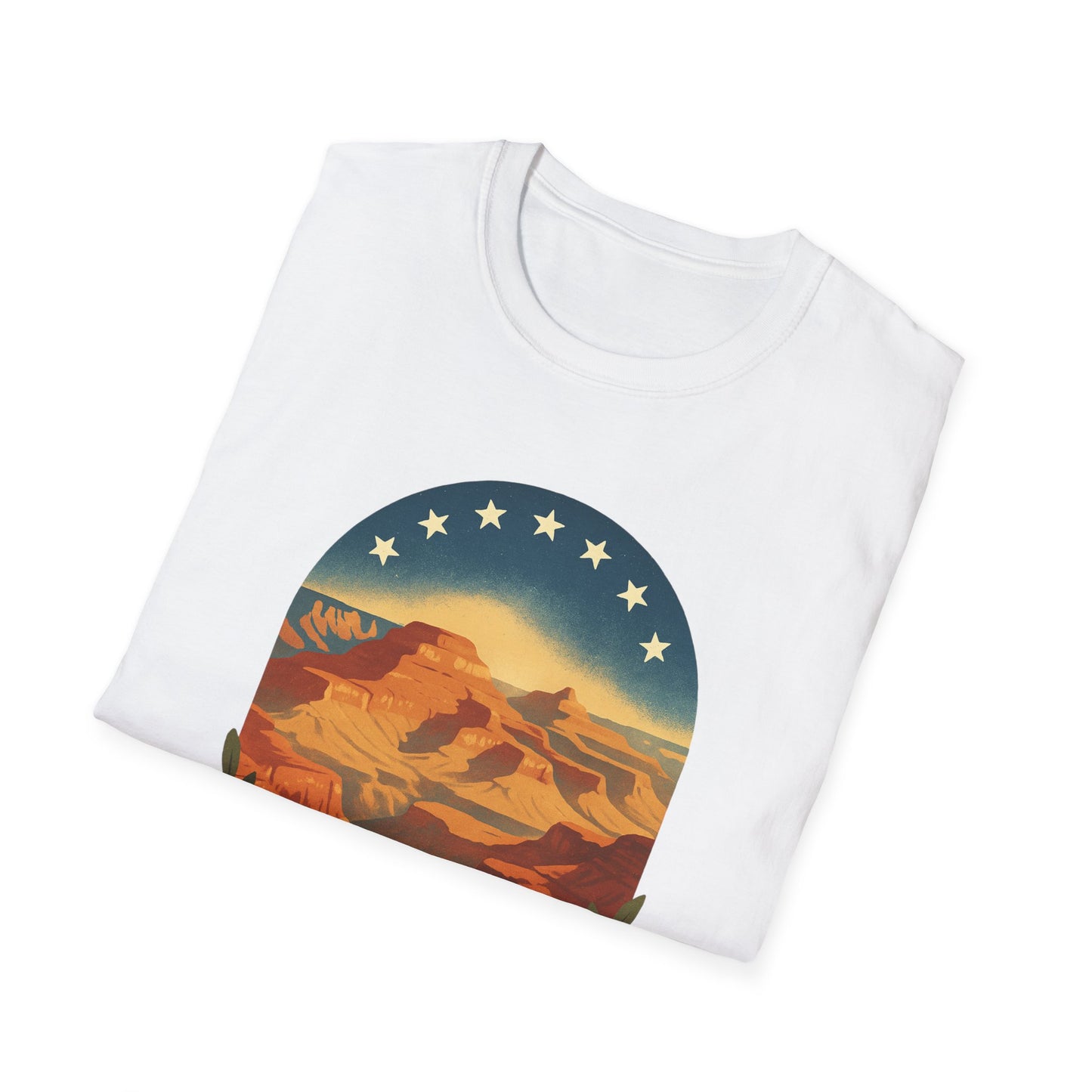 White Printify T-shirt featuring a Grand Canyon patriotic shirt design with stars and sunset colors