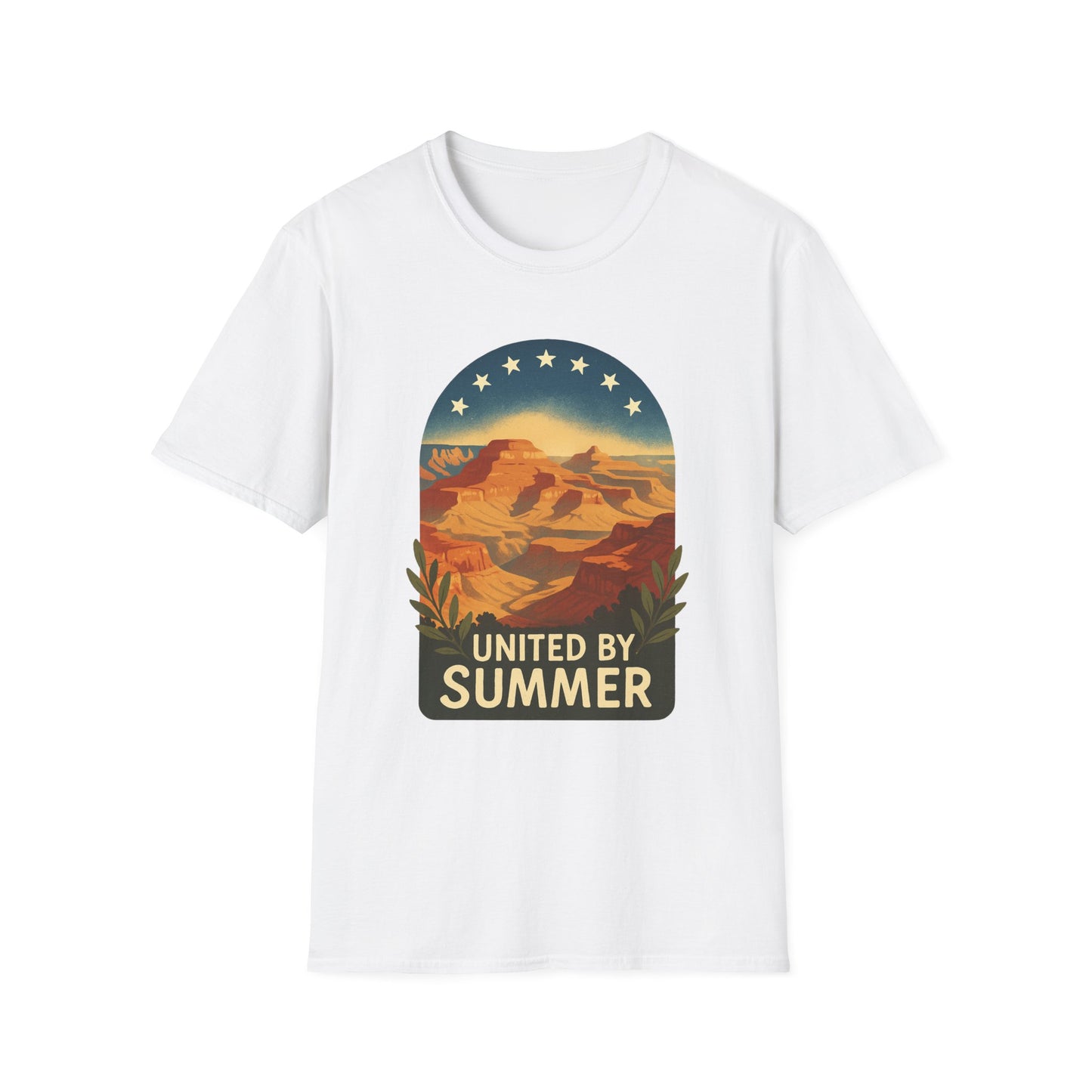 Printify white T-shirt featuring Grand Canyon patriotic shirt design with United By Summer text