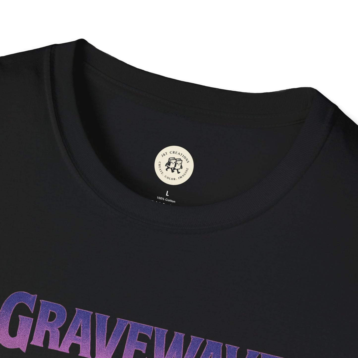 Black Gravewave Tour 1987 shirt by Printify with purple vintage-style text on cotton fabric