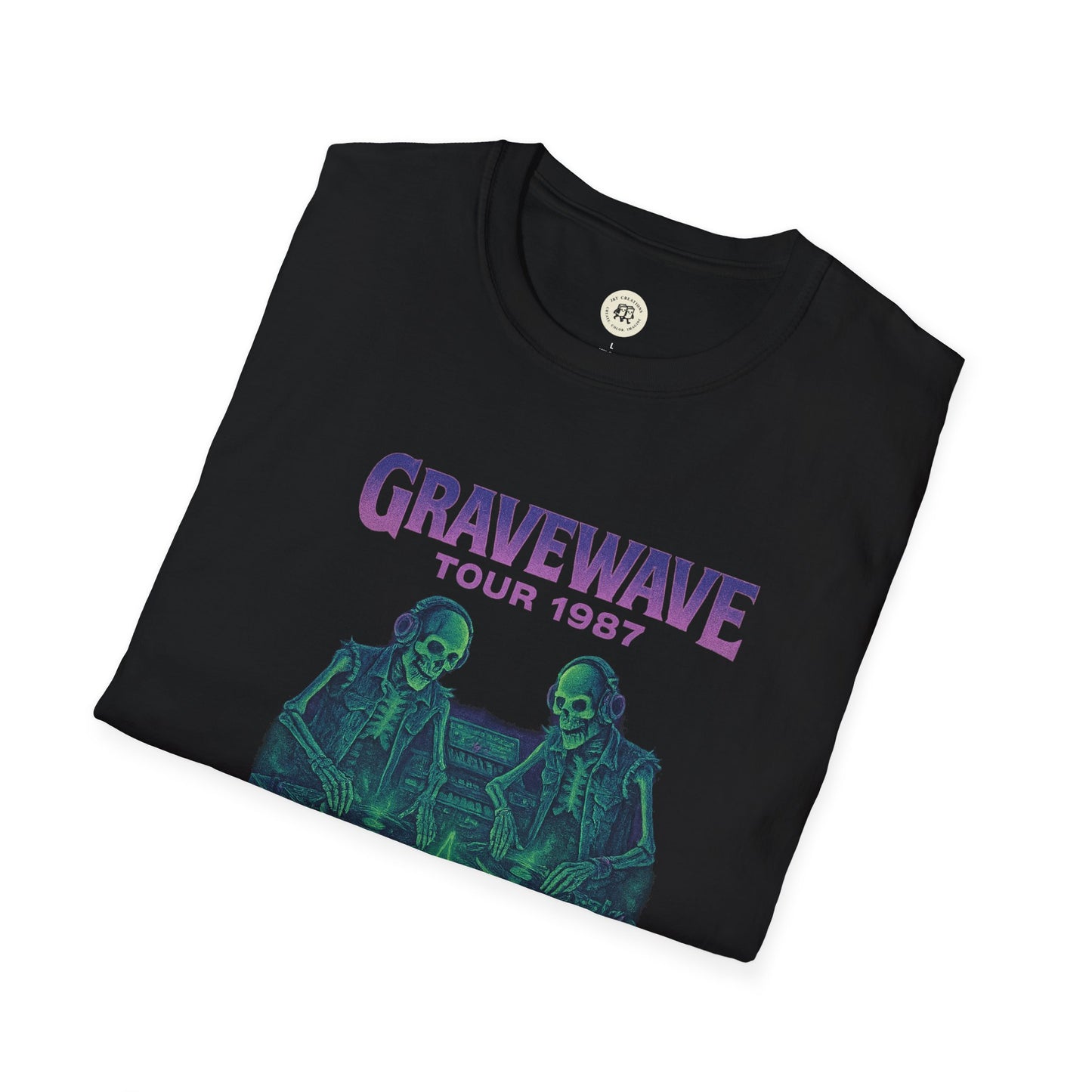 Black Gravewave Tour 1987 shirt with purple text and skeleton DJ graphic by Printify