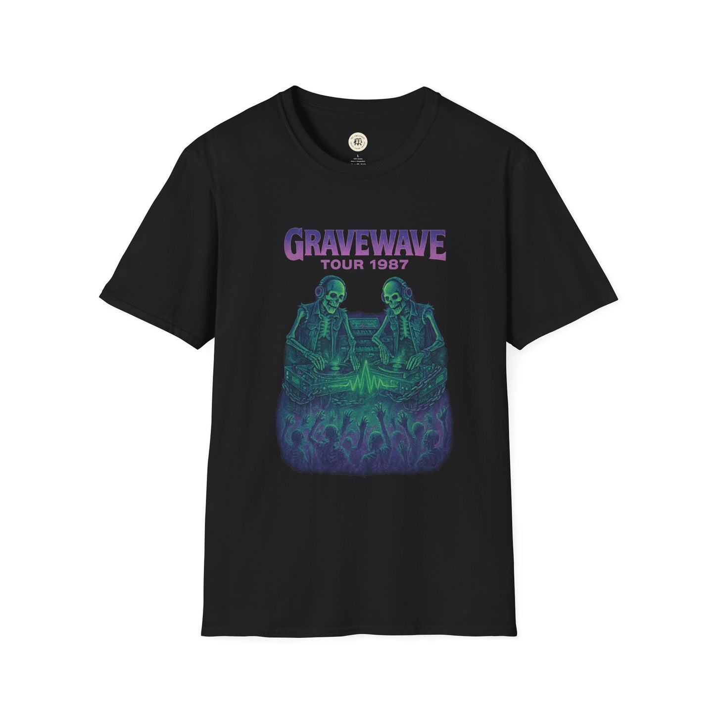 Black Gravewave Tour 1987 shirt featuring skeleton DJs with neon green and purple design on front