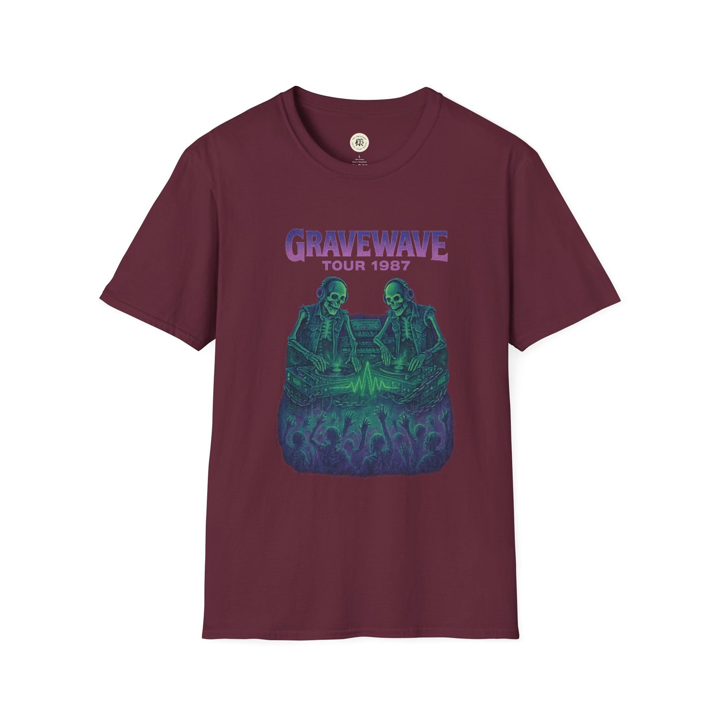 Maroon Gravewave Tour 1987 shirt with skeleton DJs and crowd graphic by Printify
