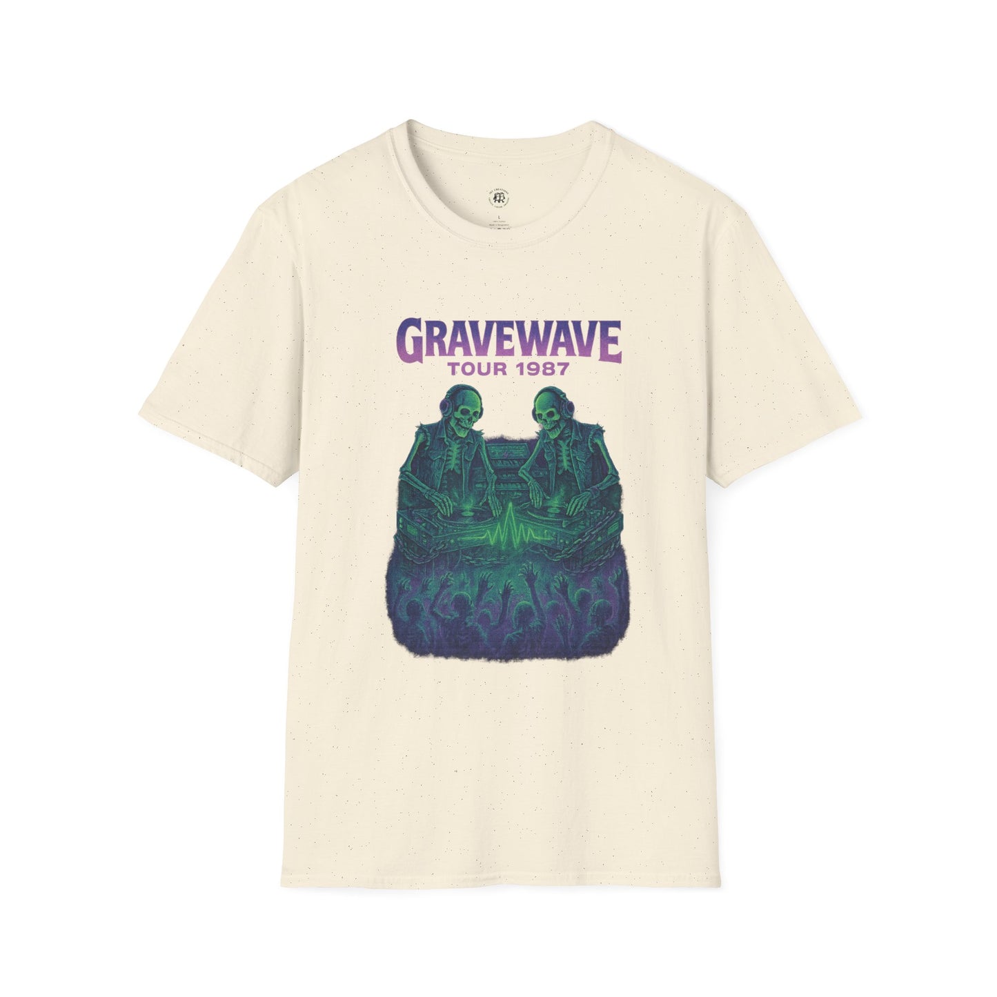 Printify Gravewave Tour 1987 shirt featuring skeletons and concert crowd graphic on beige t-shirt
