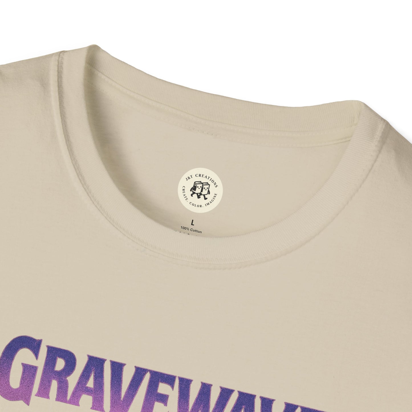 Close up of beige Printify Gravewave Tour 1987 shirt with purple text and round neckline