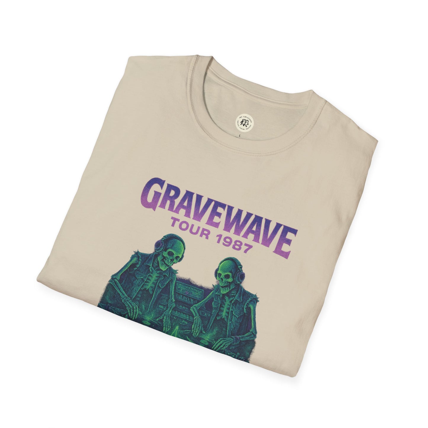 Printify beige Gravewave Tour 1987 shirt featuring skeleton graphic and purple text design