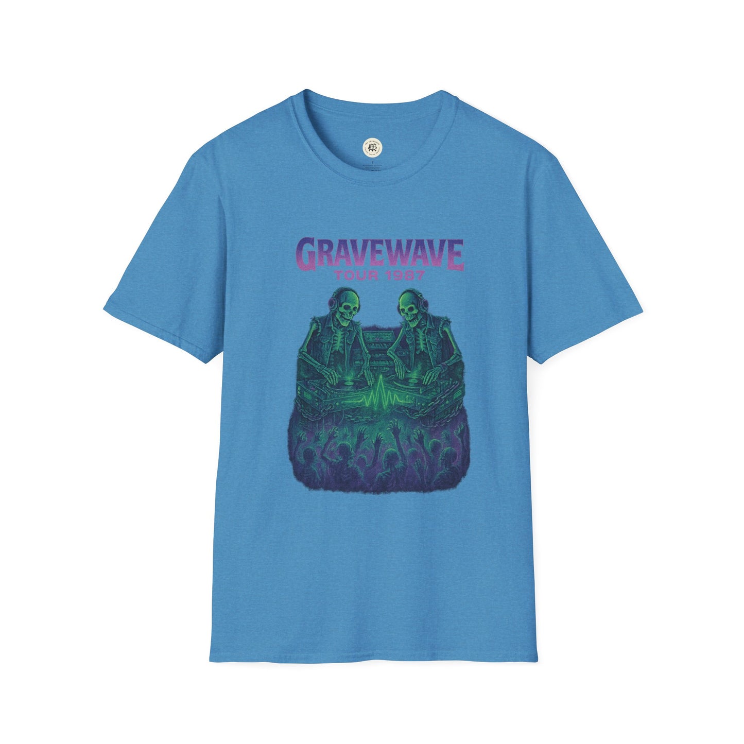 Blue Gravewave Tour 1987 shirt featuring two skeletons and a crowd design on front