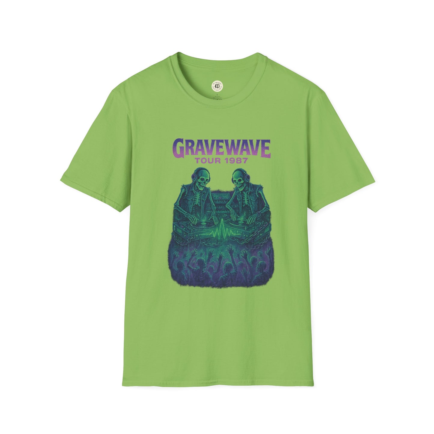 Green Printify T-shirt featuring Gravewave Tour 1987 shirt graphic with skeletons and crowd design