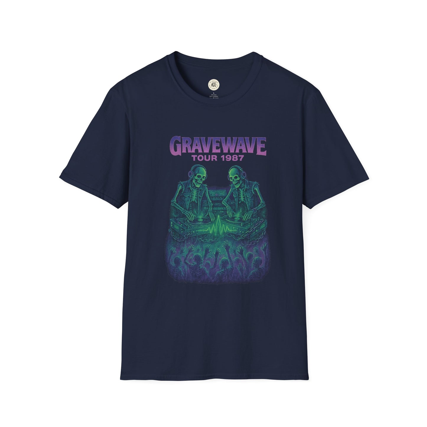 Navy blue Gravewave Tour 1987 shirt with skeleton DJ graphic and purple text by Printify
