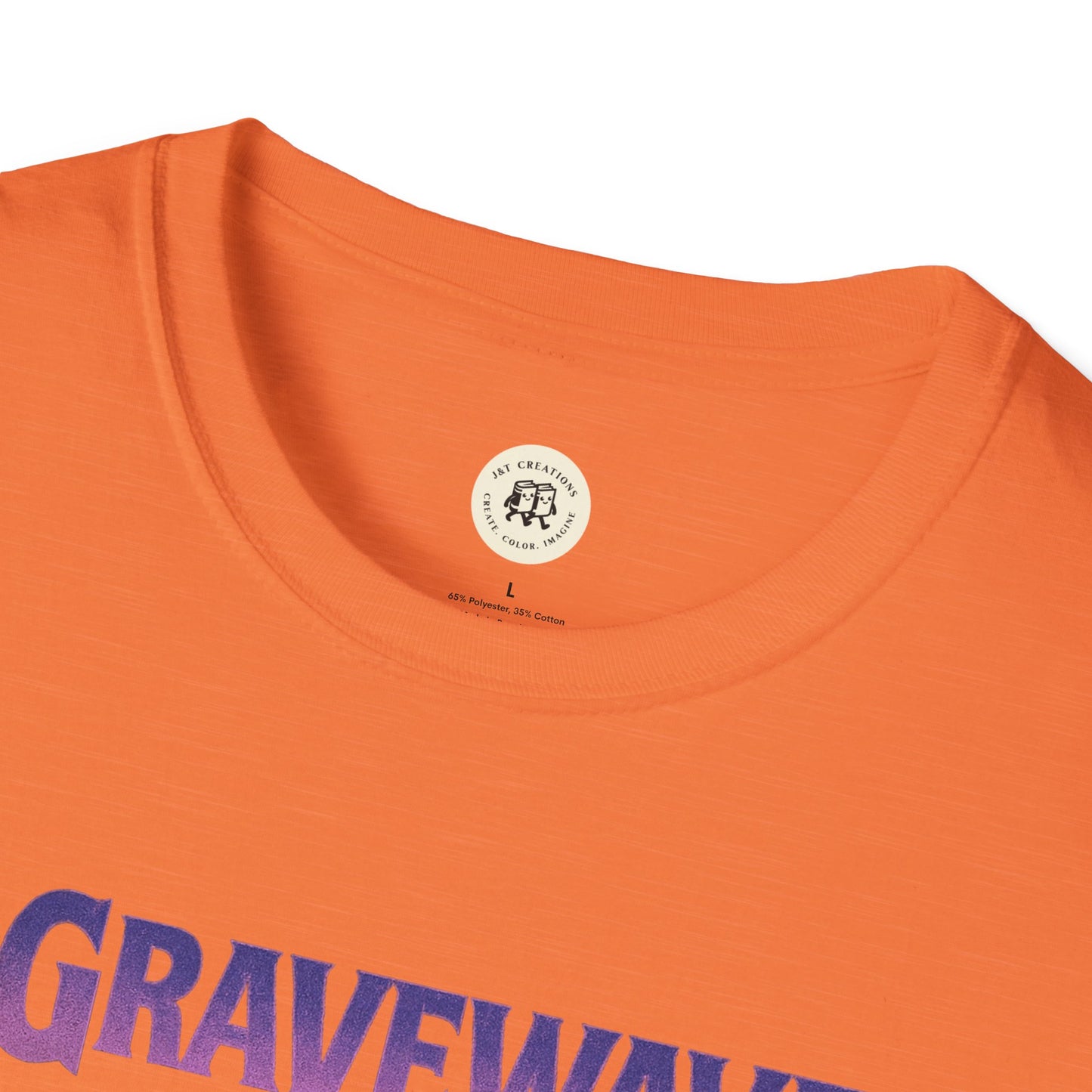 Orange Printify Gravewave Tour 1987 shirt with crew neck and purple graphic text