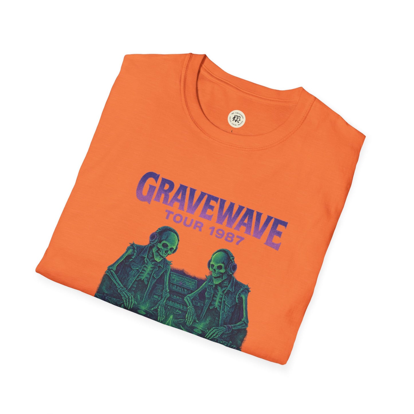 Orange Gravewave Tour 1987 shirt featuring two green skeletons graphic by Printify