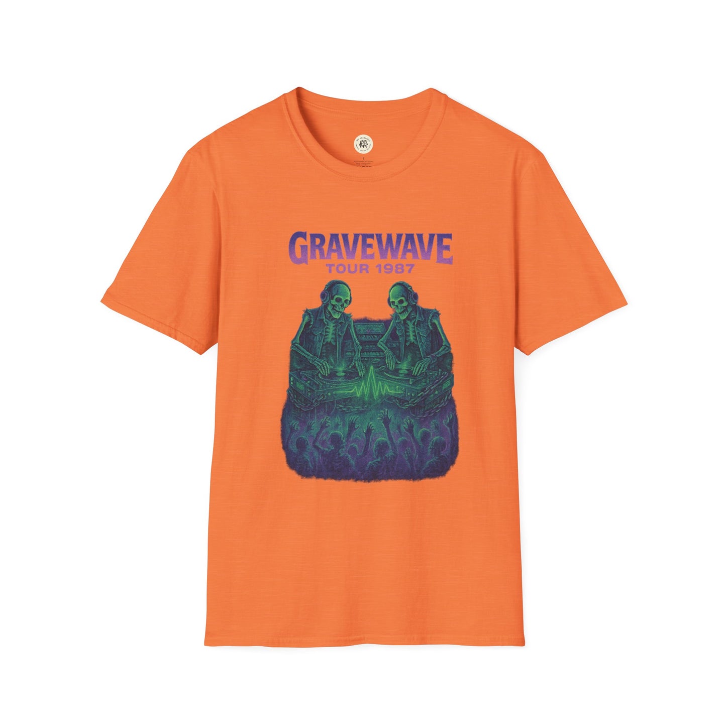 Orange Printify T-Shirt with Gravewave Tour 1987 shirt design featuring two skeletons and crowd graphic