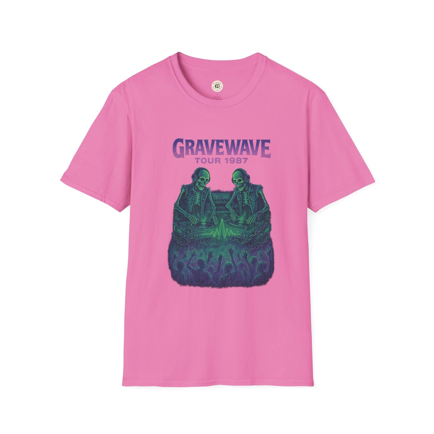 Pink Printify T-Shirt featuring a Gravewave Tour 1987 shirt design with two skeletons and crowd illustration