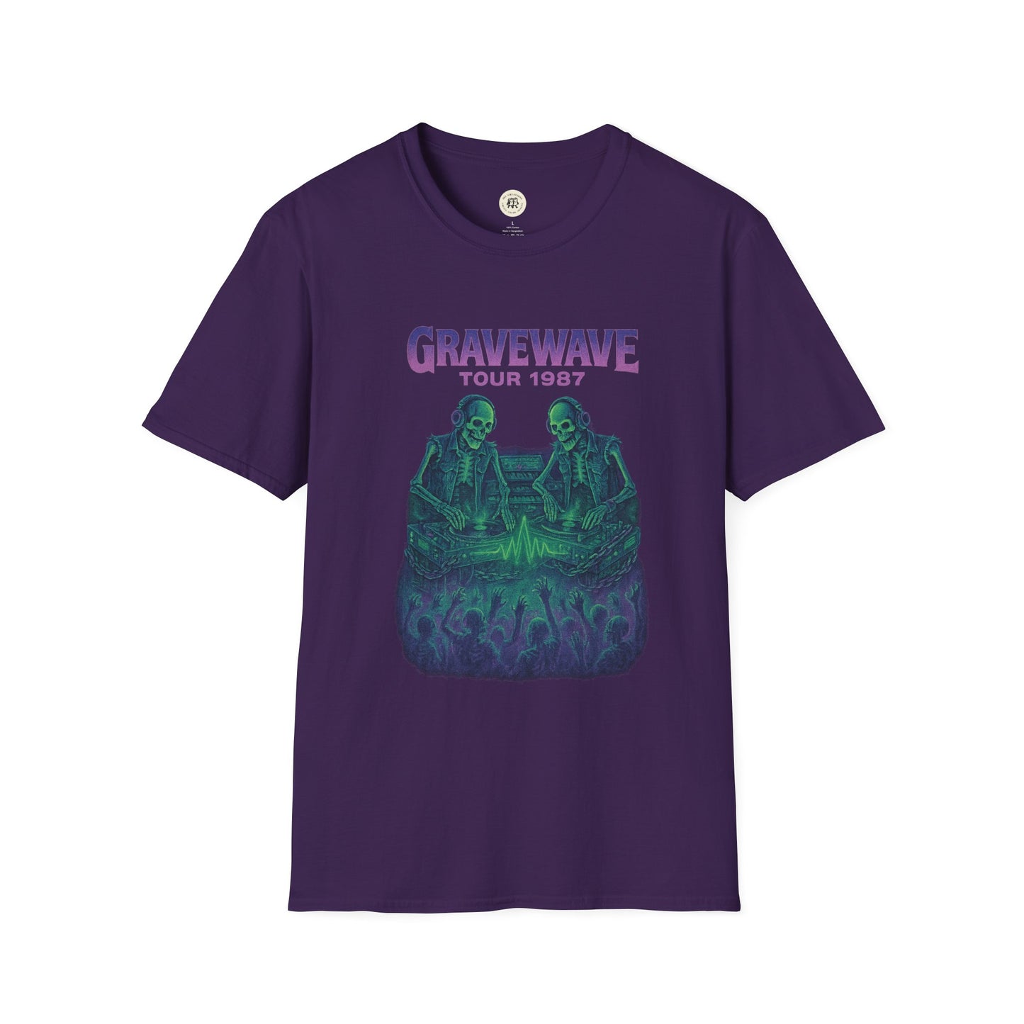 Purple Gravewave Tour 1987 shirt with skeleton DJ design and crowd graphic by Printify