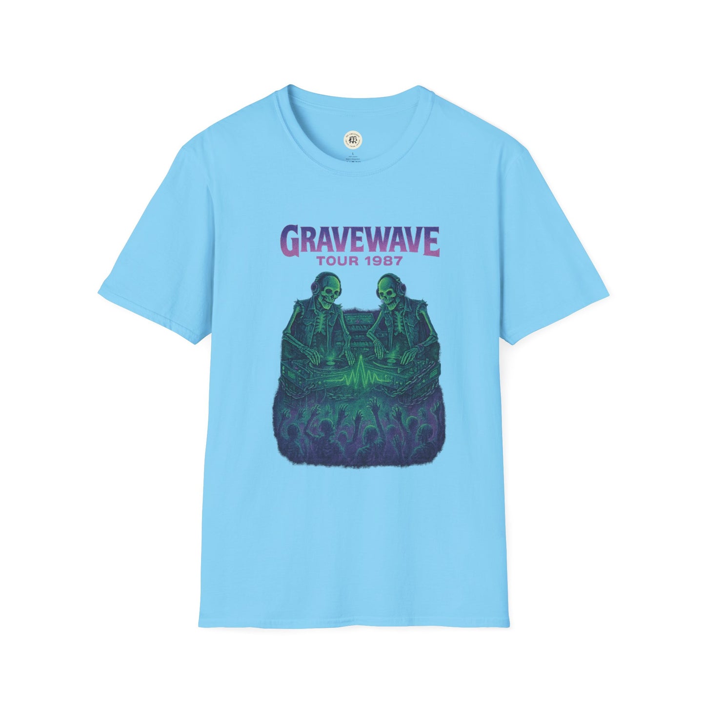 Light blue Gravewave Tour 1987 shirt with skeleton graphic print and concert design by Printify