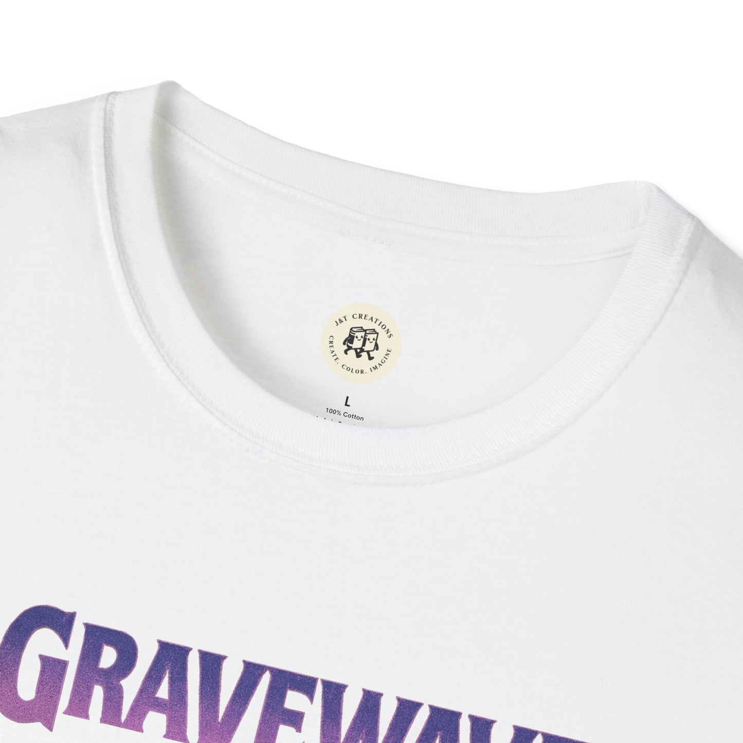 White Printify t-shirt featuring Gravewave Tour 1987 shirt design with purple lettering