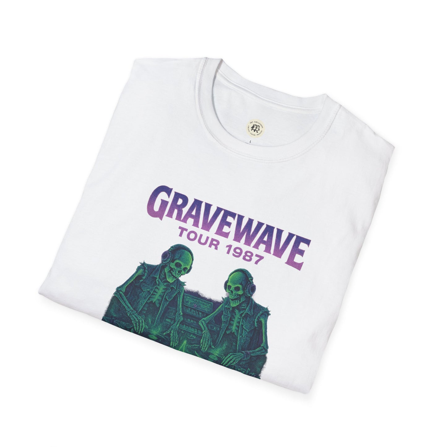 White Gravewave Tour 1987 shirt by Printify with purple text and green skeleton graphic design