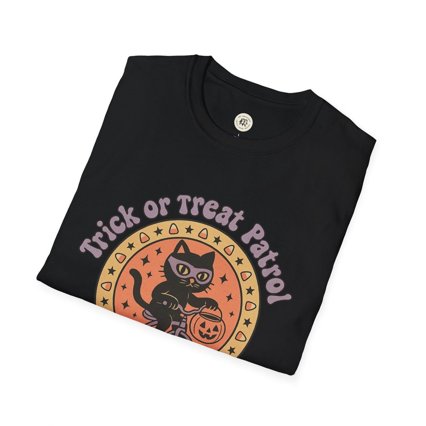 Black Halloween cat t-shirt with Trick or Treat Patrol design from Printify