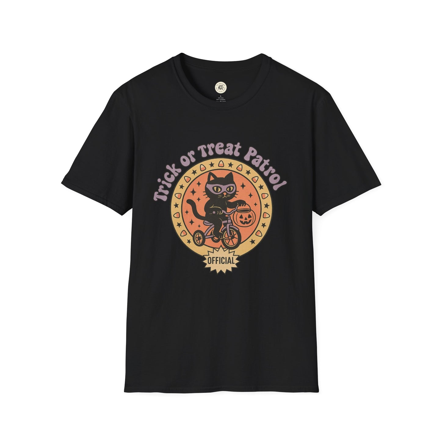 Printify Halloween cat t-shirt with black cat riding bike holding pumpkin candy bucket