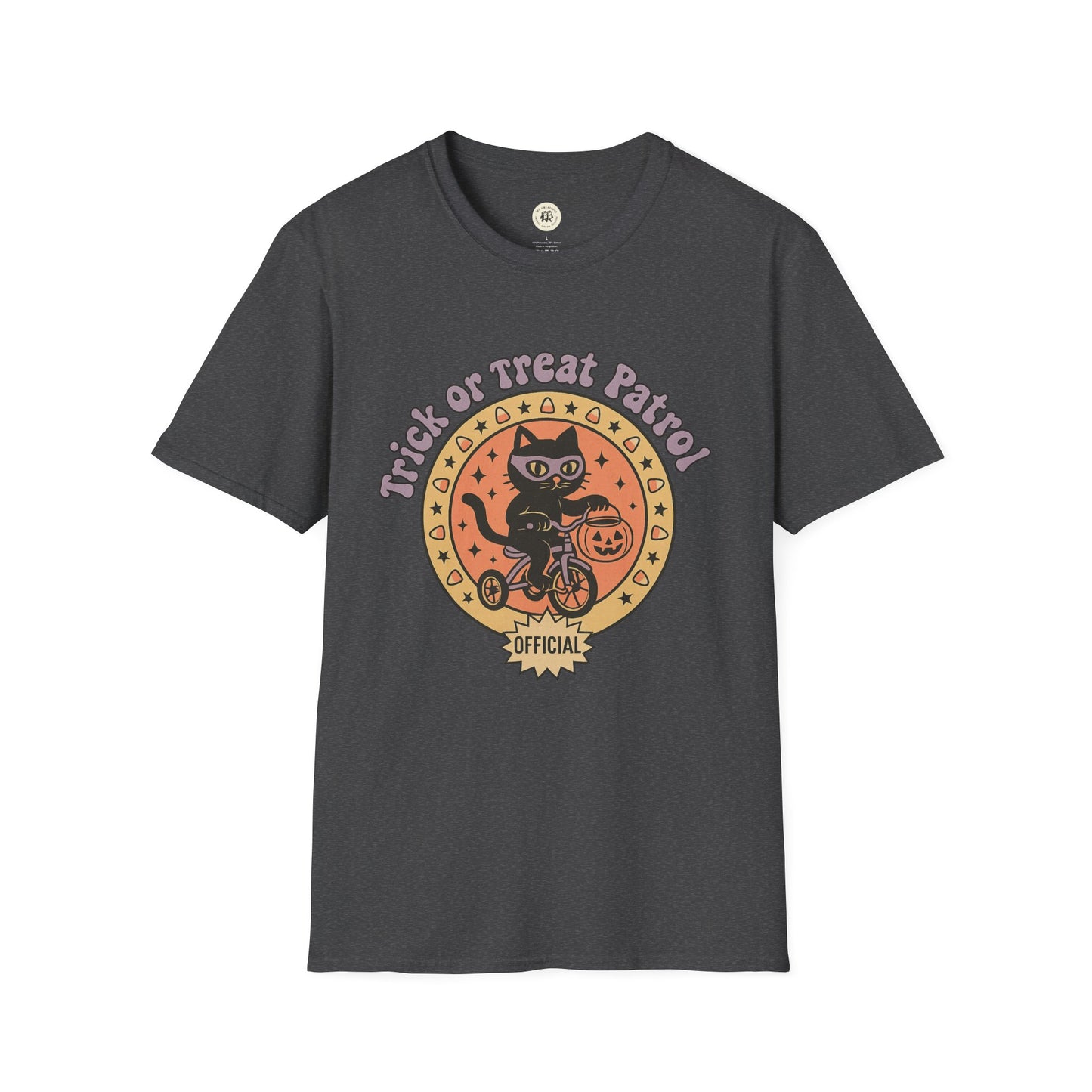 Printify Halloween cat t-shirt with black cat on bike and Trick or Treat Patrol design in orange and purple