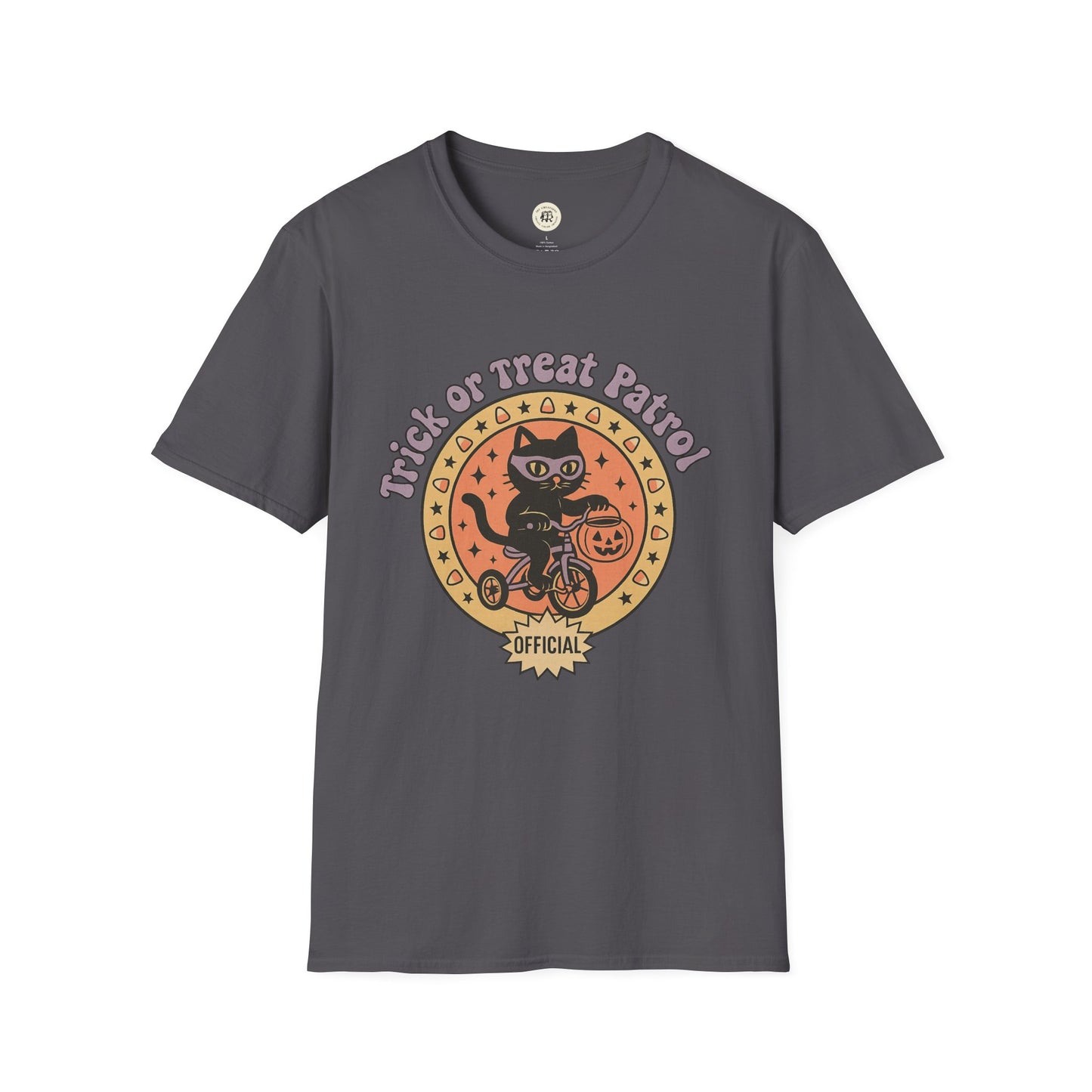 Halloween cat t-shirt with black cat on bicycle holding pumpkin bucket on dark gray fabric