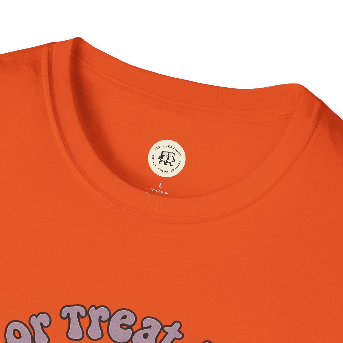 Orange Halloween cat t-shirt by Printify featuring festive Halloween colors and design