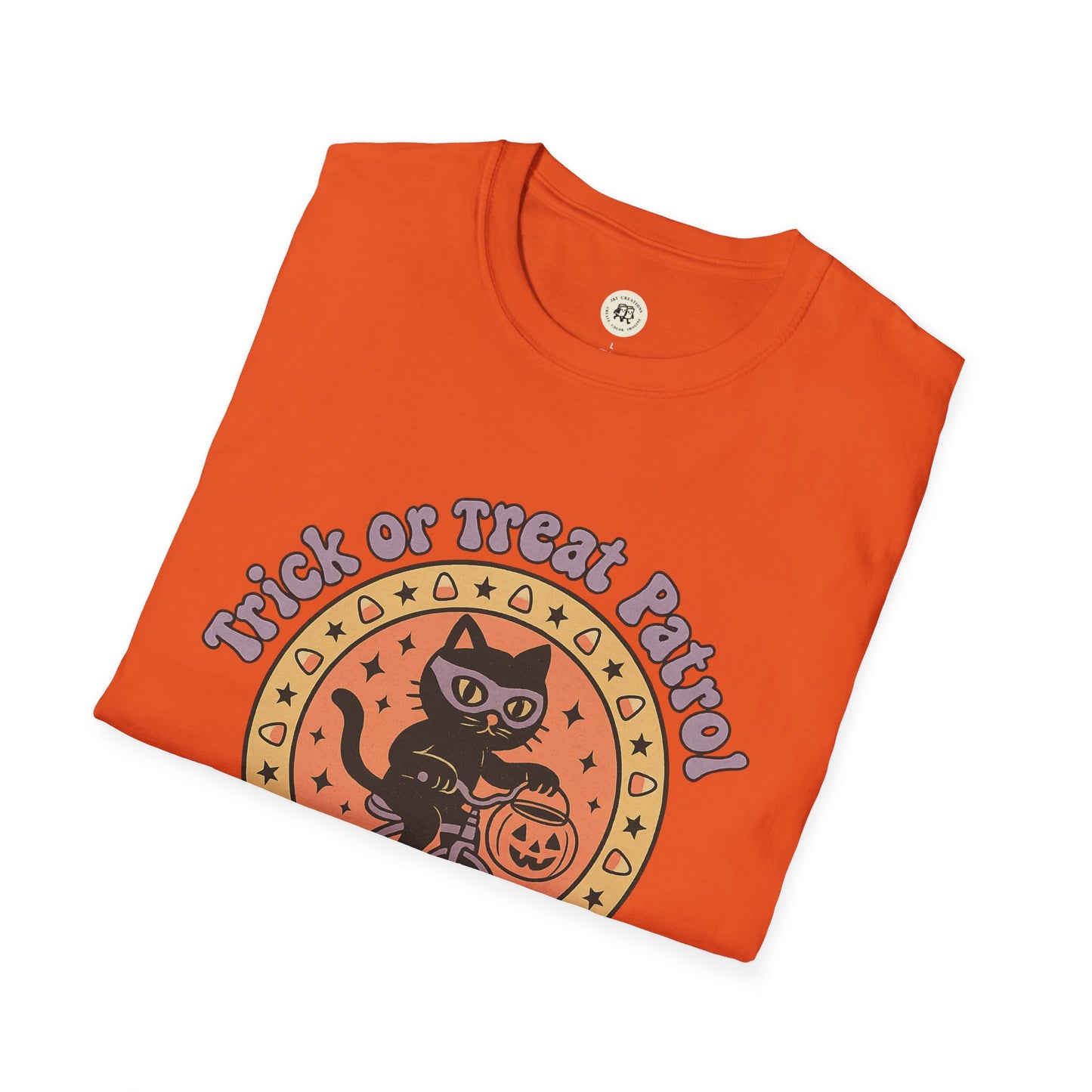 Orange Halloween cat t-shirt with black cat riding a broom and trick or treat patrol text