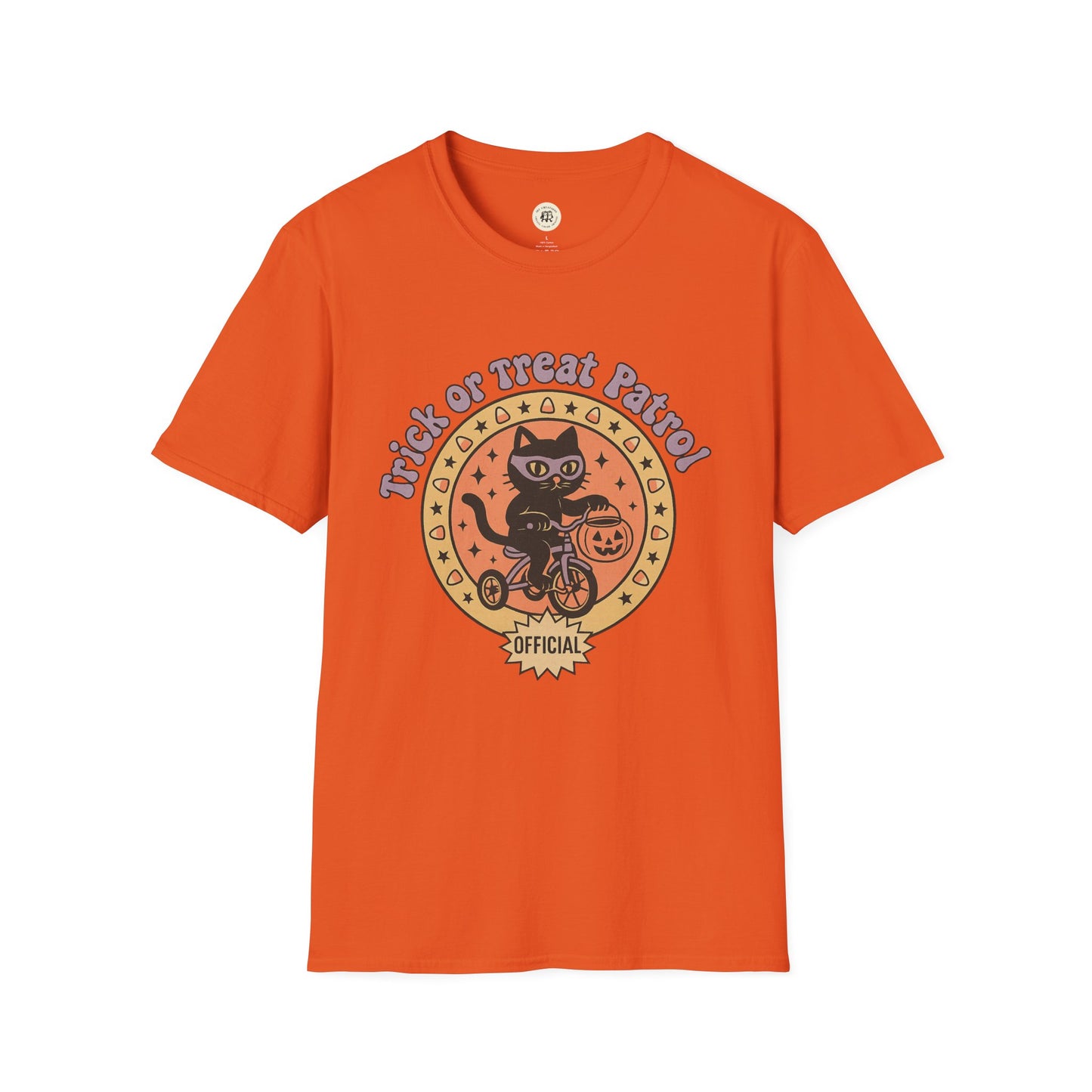 Printify orange Halloween cat t-shirt with black cat on bike and Trick or Treat Patrol design