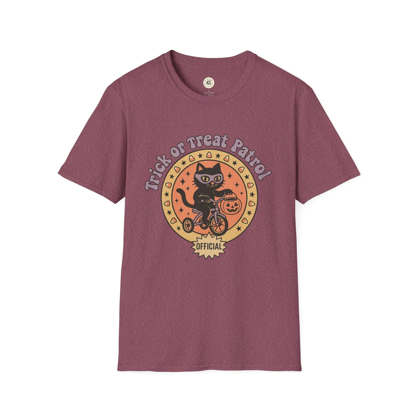 Printify Halloween cat t-shirt in burgundy with Trick or Treat Patrol black cat design on bike