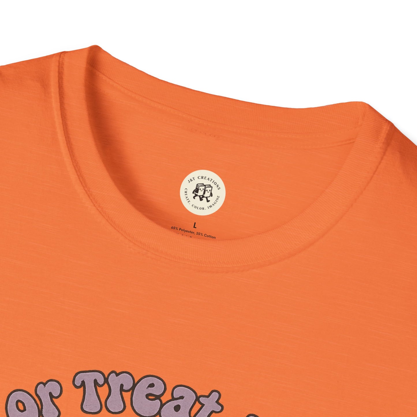 Orange Printify Halloween cat t-shirt with a close-up of the round neckline and fabric texture