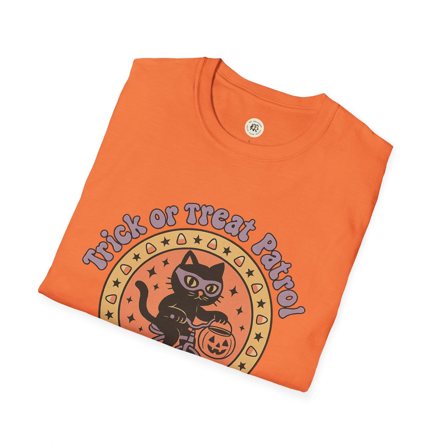 Orange Printify Halloween cat t-shirt with black cat riding a scooter and trick or treat patrol design