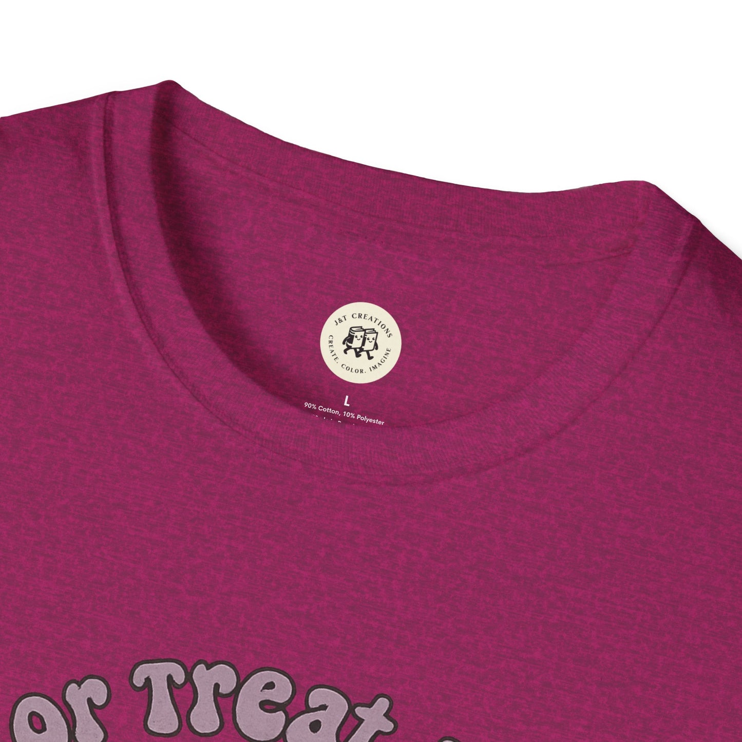 Close-up of Printify Halloween cat t-shirt neckline in maroon with cotton blend fabric