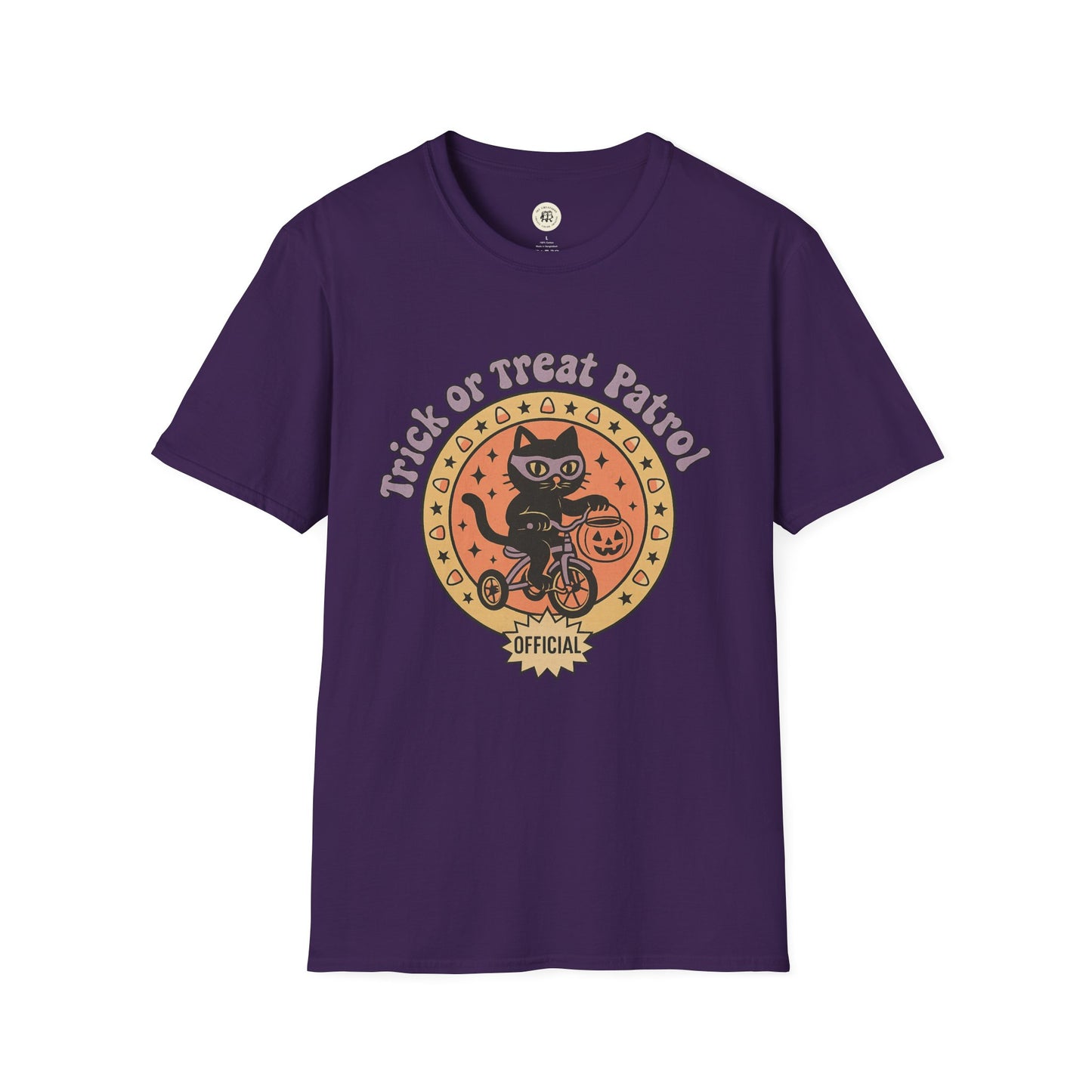 Purple Halloween cat t-shirt from Printify featuring a black cat on a bike with Trick or Treat Patrol design