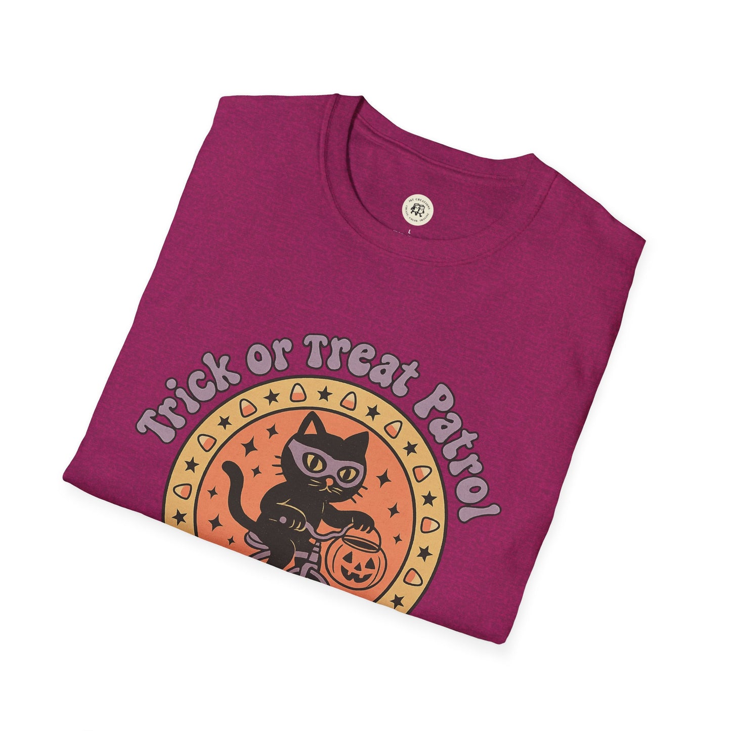 Printify Halloween cat t-shirt in purple with black cat and trick or treat patrol design