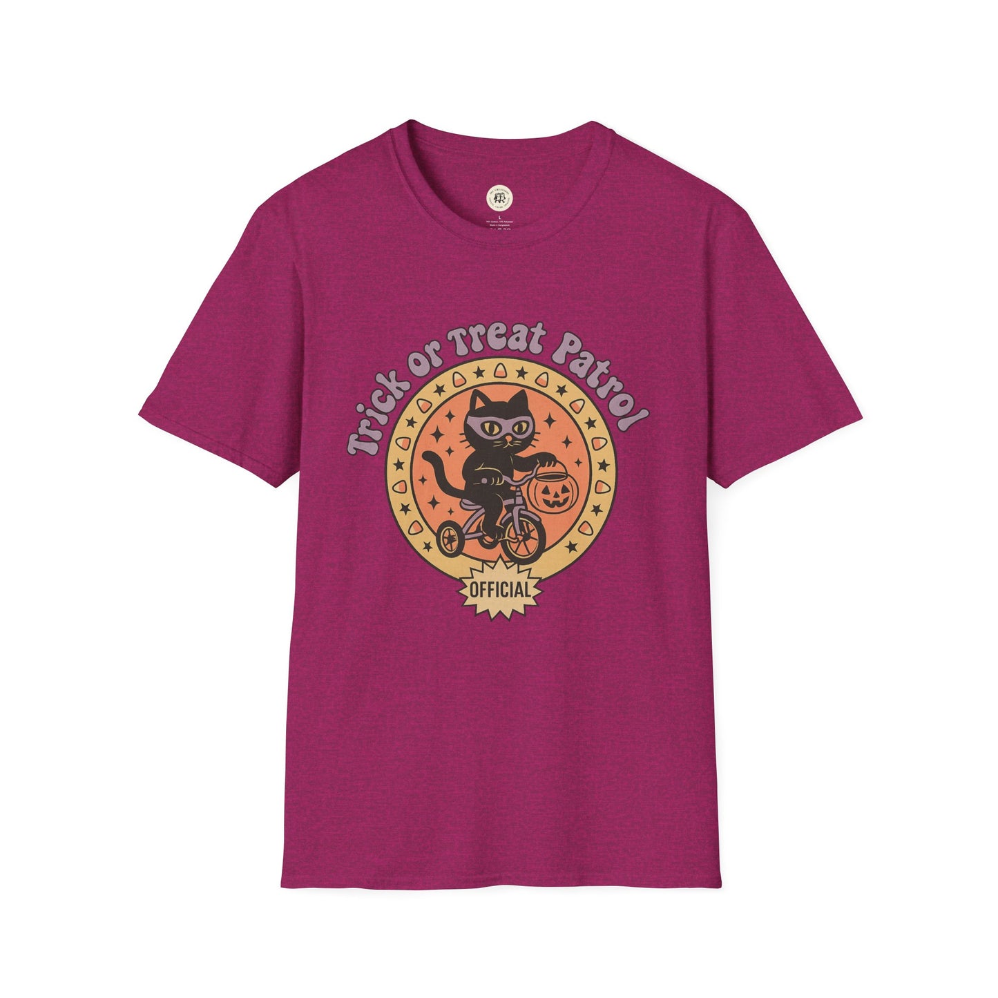 Halloween cat t-shirt in purple featuring a black cat on a bicycle with pumpkin bucket design